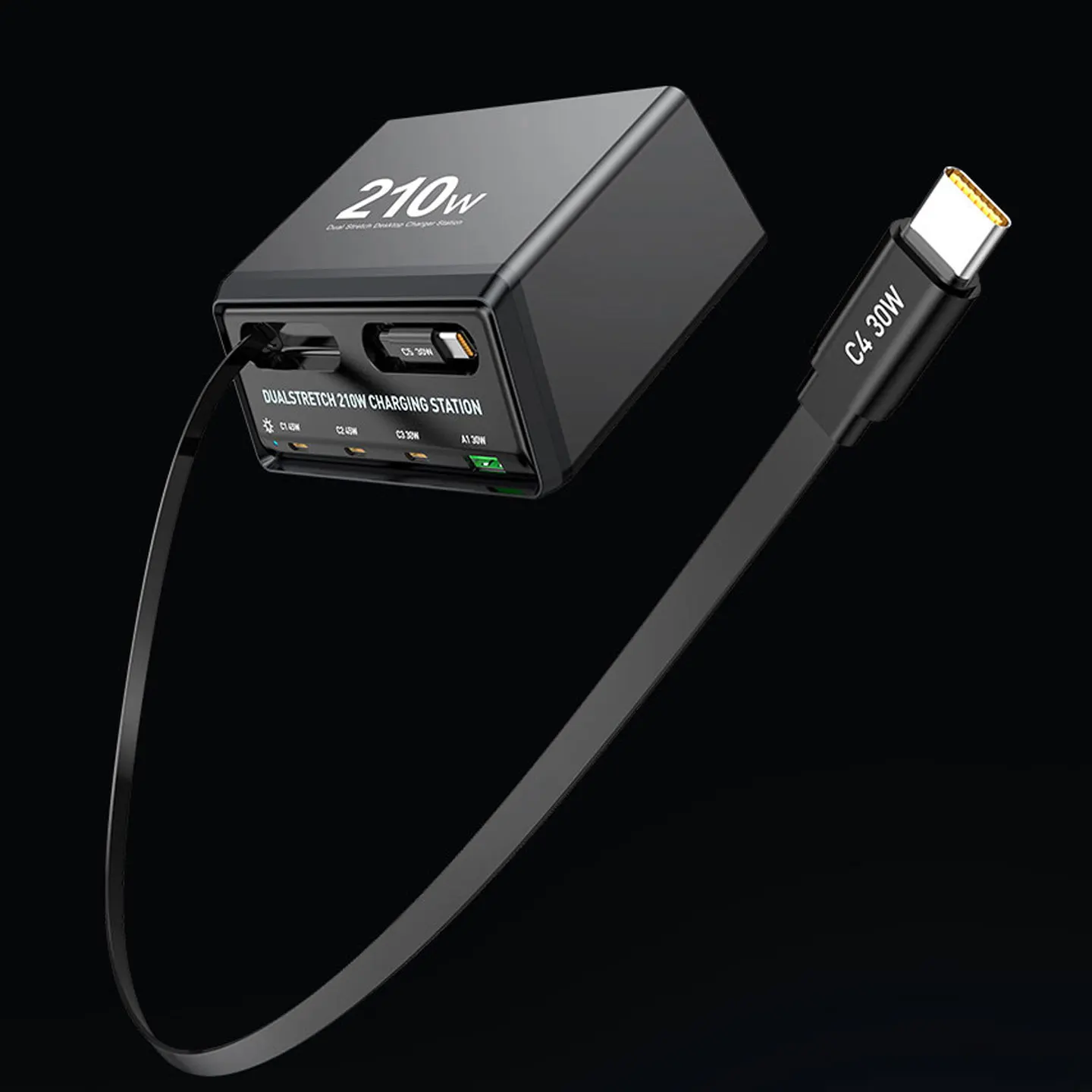 Universal 210W 6-in-1 GaN Fast Charging Station With Retractable Type-C Cable 3C1A PD Fast Charger For Phones Laptops Tablets