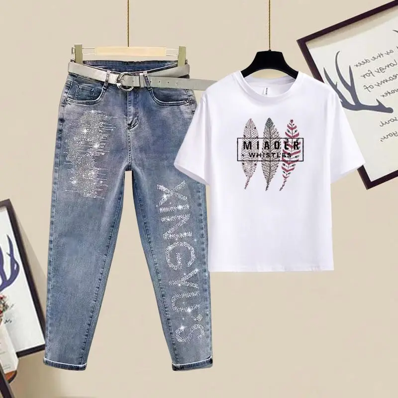 Spring and Summer New Korean Loose Print Letter Versatile Casual Short Sleeved T-shirt and Jeans Two Piece Set for Women