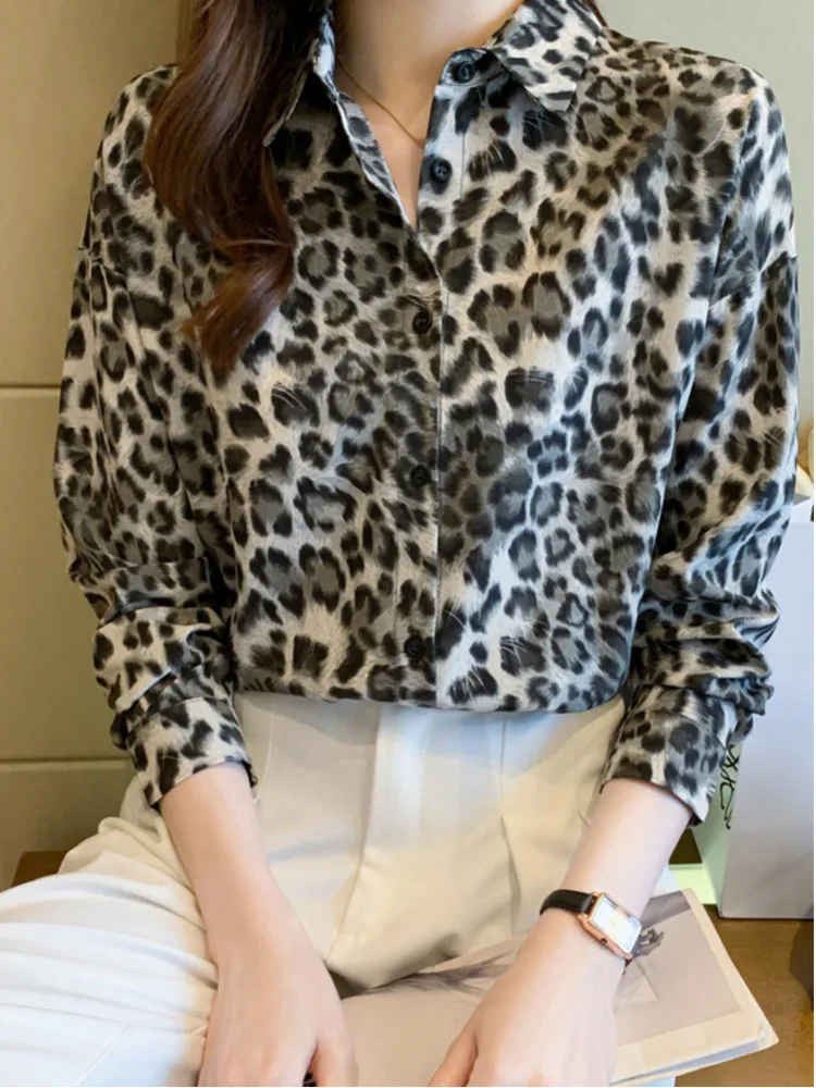 # 3152 frühling Sommer Vintage Leopard Shirt Frauen Lose Langarm-shirt Koreanischen Stil Retro Frauen Tops Und Blusen Dünne Chiffon