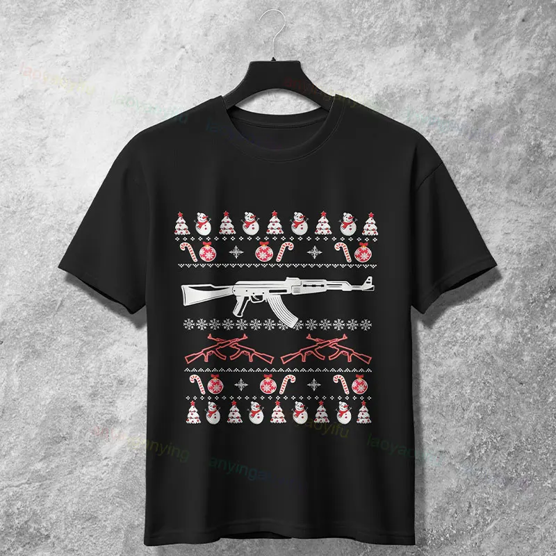 

Funny AK-47 Rifle Christmas Graphic T-shirt 100% Cotton Short Sleeve Round Neck Casual Humor Style Tshirt All Season Wear