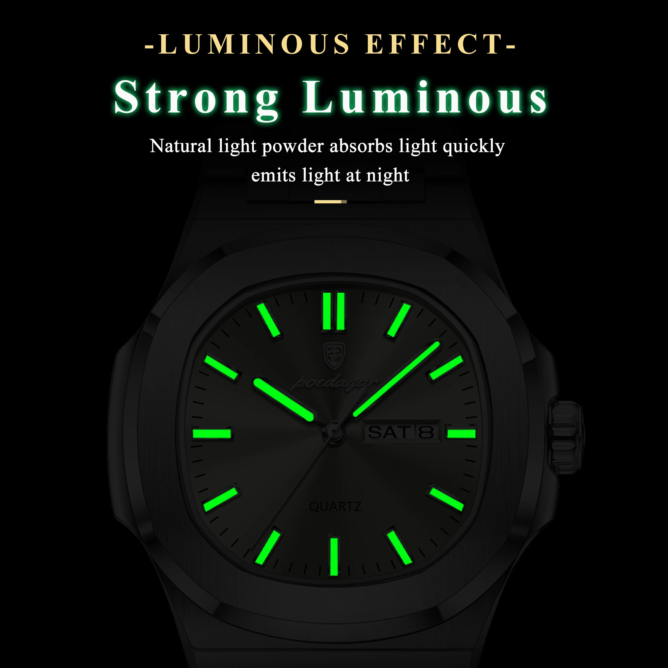 POEDAGAR الأصلي أزياء الرجال ساعة اليد للماء مضيئة تاريخ الأسبوع رجل ووتش الفولاذ المقاوم للصدأ الكوارتز ساعات الأعمال للرجال