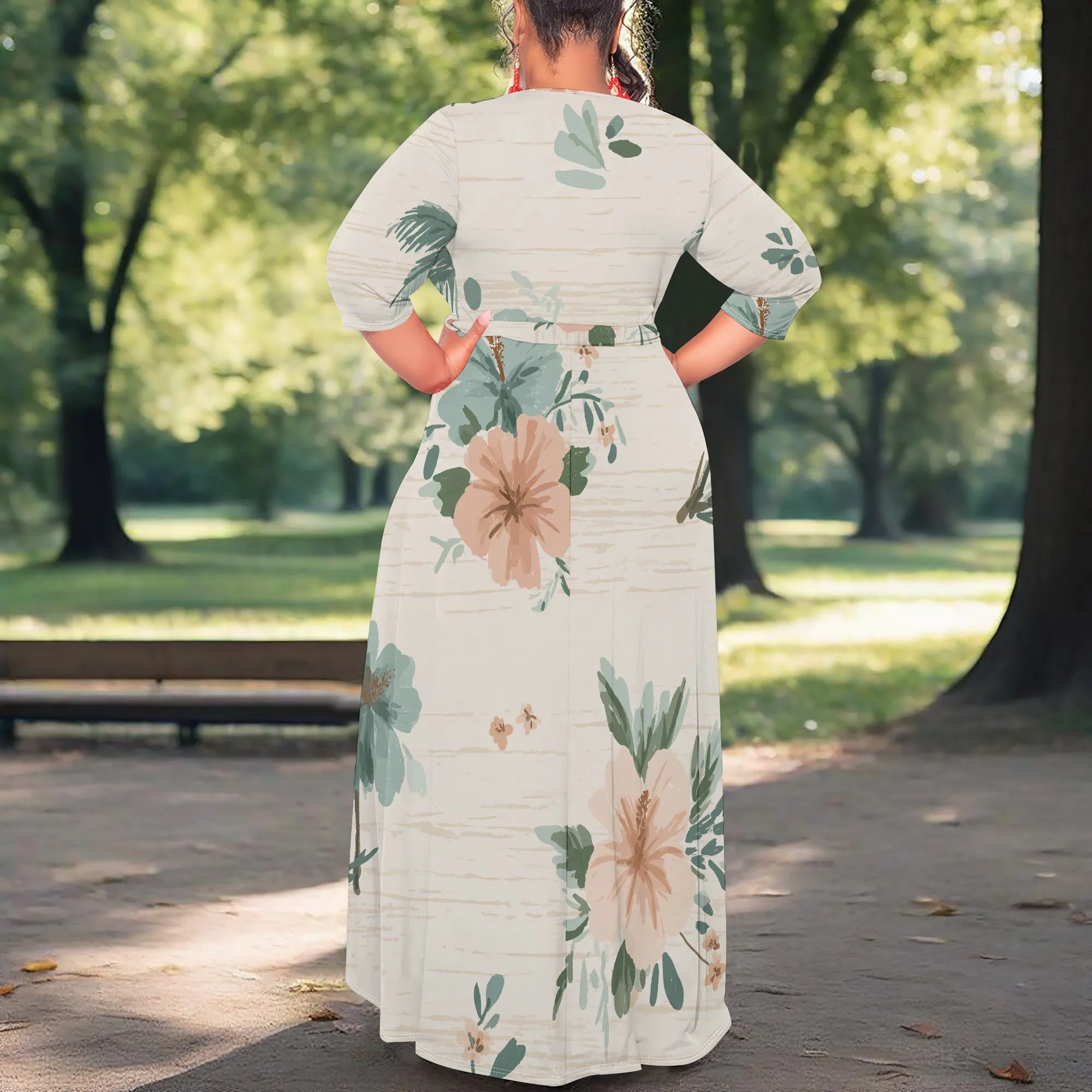 Pastel Floral Maxi Dress XL-6XL V-Neck Wrap Style with Belt & Puff Sleeves for Easter Brunch, Garden Party or Spring Picnic Look