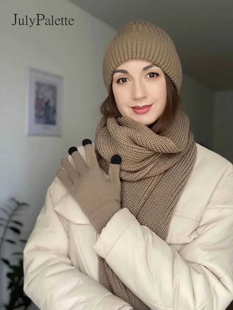 JulyPalette Solid Simple 3Pcs Knitted Set Winter Warm Beanie Hat Long Scarf Touchscreen Gloves Plus Velvet Hat for Women Men