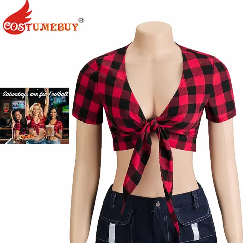 Kostium Cosplay Twin Peaks Damski Dziewczęcy Restauracja Twin Peaks Bar Sportowy Seksowny Czerwony Kraciasty Crop Top Kostium na Halloween