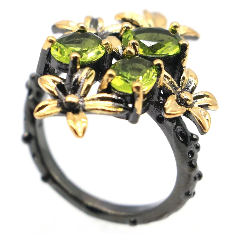 28x21mm Unique Vintage Gold Flowers Blue Aquamarine Violet Tanzanite Pink Tourmaline Peridot Cool Black Metal Silver Rings view 5