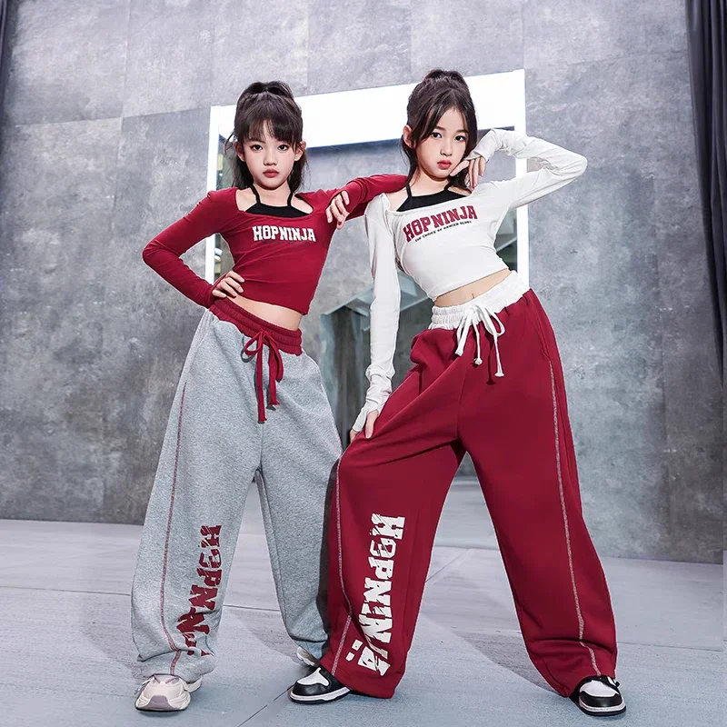 Costumi di danza Hip Hop per ragazze Top corto a maniche lunghe per bambini Pantaloni larghi Completi di vestiti per spettacoli di danza jazz moderna per bambini