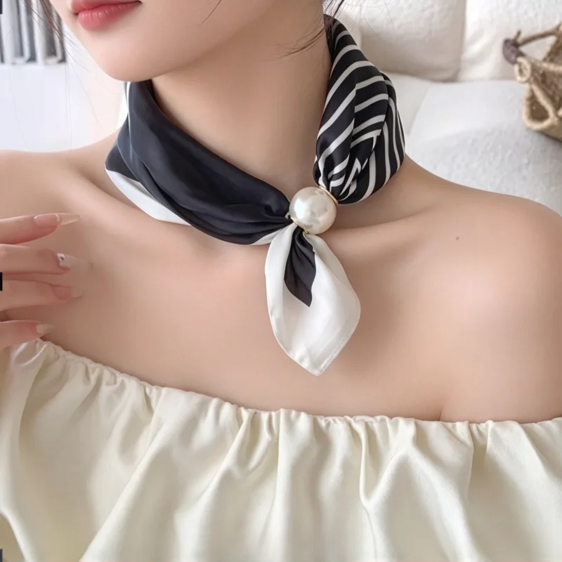 Neck Scarf with Magnetic Pearl-Black White scarf