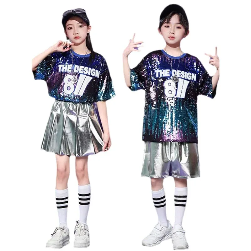 Children's Stage Costume Jazz Hip-hop Studio Model Catwalk Host Fashion Sequined Suit Kids Shelves Drums Cheerleading Costumes