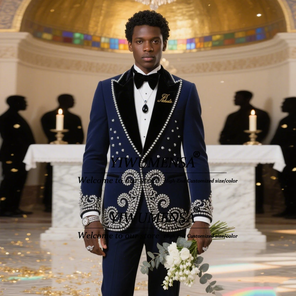 

Luxury Beaded Stones Man Suit For Wedding Black Peaked Lapel Prom Blazers Customized 2 Pieces Groom Formal Occaison Party Tuxedo