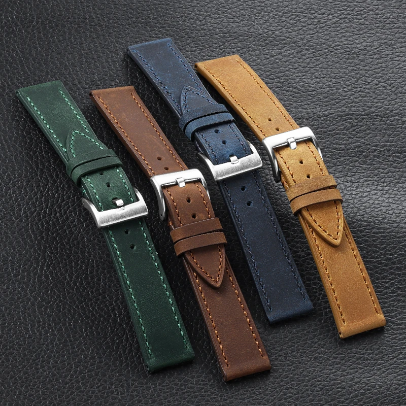 Handmade Genuine Leather Watchband Vintage Brown Black 18 20 22mm Soft Men's Bracelet Stitching Cowhide Strap Quick Release