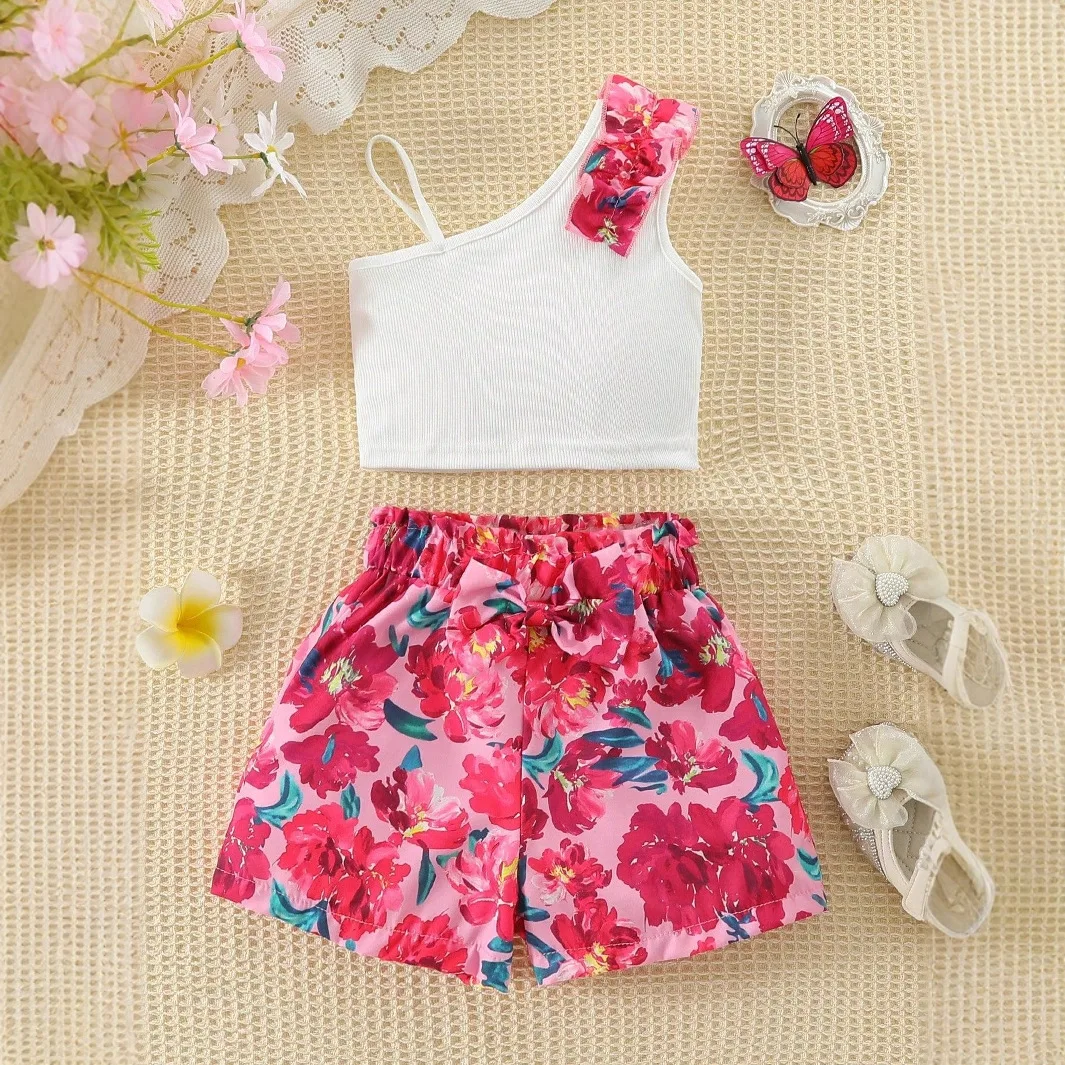 

Summer Outfit For Girls Aged 4-7 Kids Girls Clothes Off-Shoulder Top And Shorts 2 Pcs Set Children Clothing For 4 5 6 7 Years