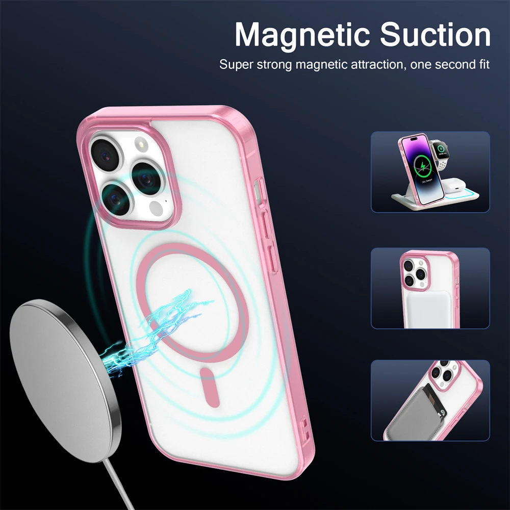 Luxury Wireless Charge Magsafe Phone Case for iPhone 15 14 13 12  Pro Max Plus Transparent Magnetic Electroplate Bumper Cover