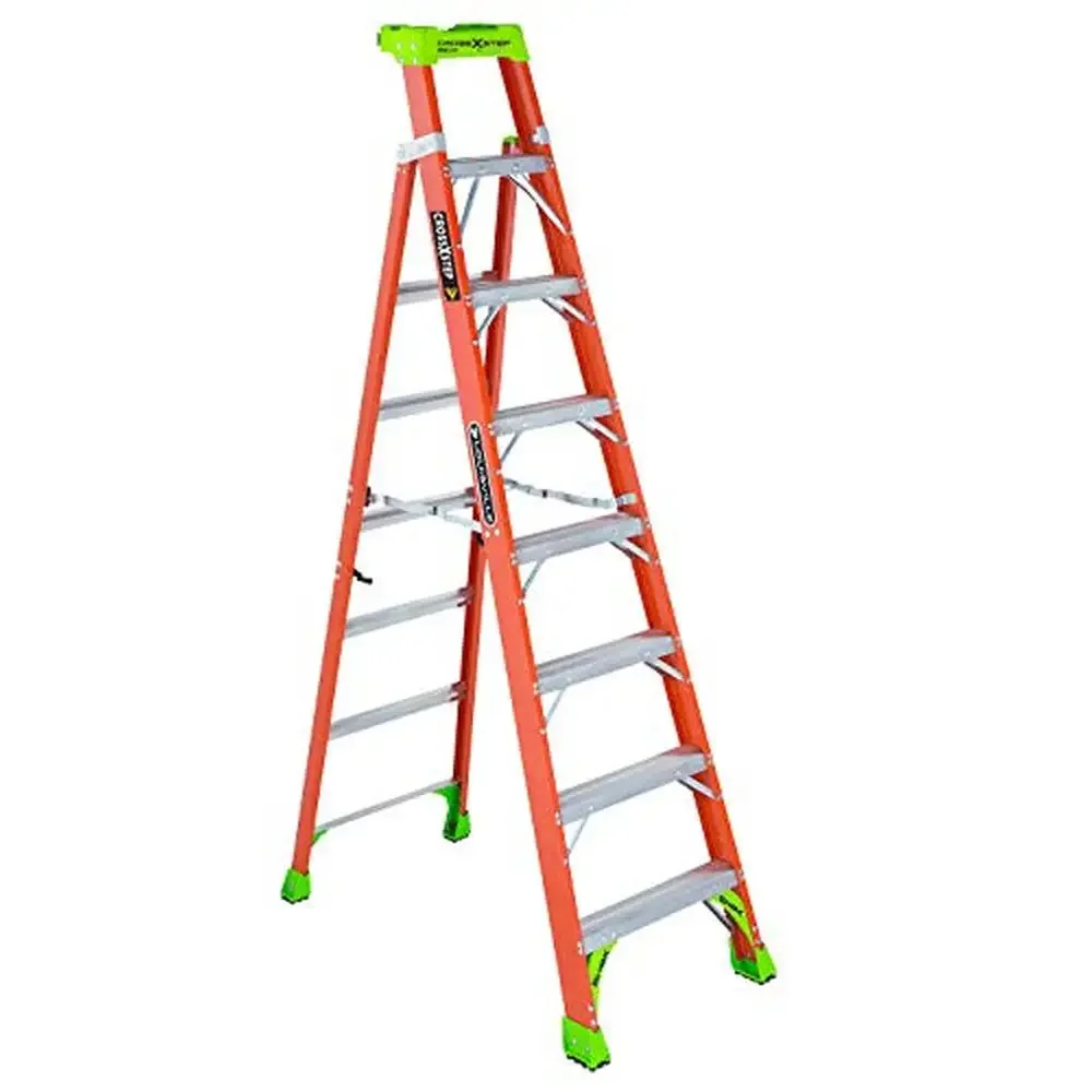 8ft Fiberglass Cross Step Ladder 300lb Load Capacity Type IA Pro Top Safety Shox System Non-Conductive Heavy Duty Foldable