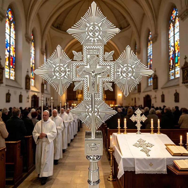 Sunburst Silver Plated Handheld Orthodox Blessing Cross Processional Cross for Church Parade Religious Ceremony Priest Supply