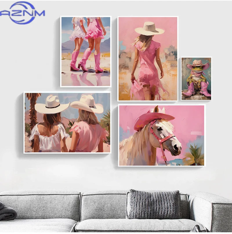 AZNM Fashion Western Cowgirl Girly Poster Horse With Pink Cowboy Hat Girly Prints Canvas Painting Wall Picture Home Living Room