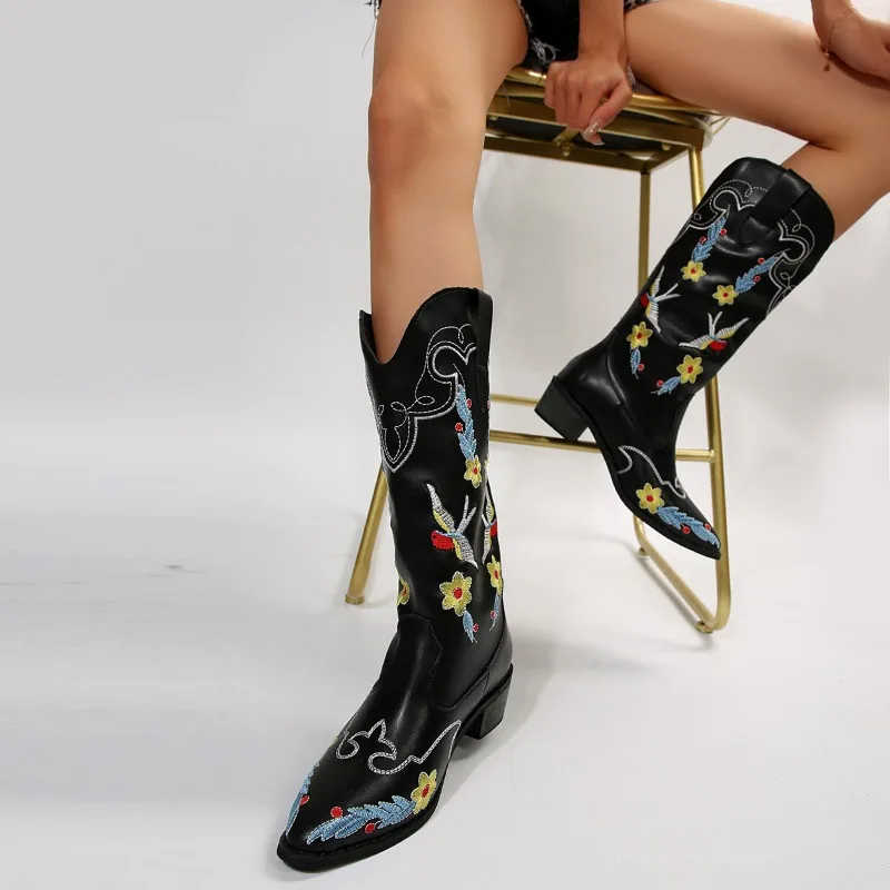 Women\'s Retro Embroidered Western Boots 2023 Autumn Pu Leather Thick Heels Cowboy Boots Woman Slip On Pointed Toe Mid Calf Botas