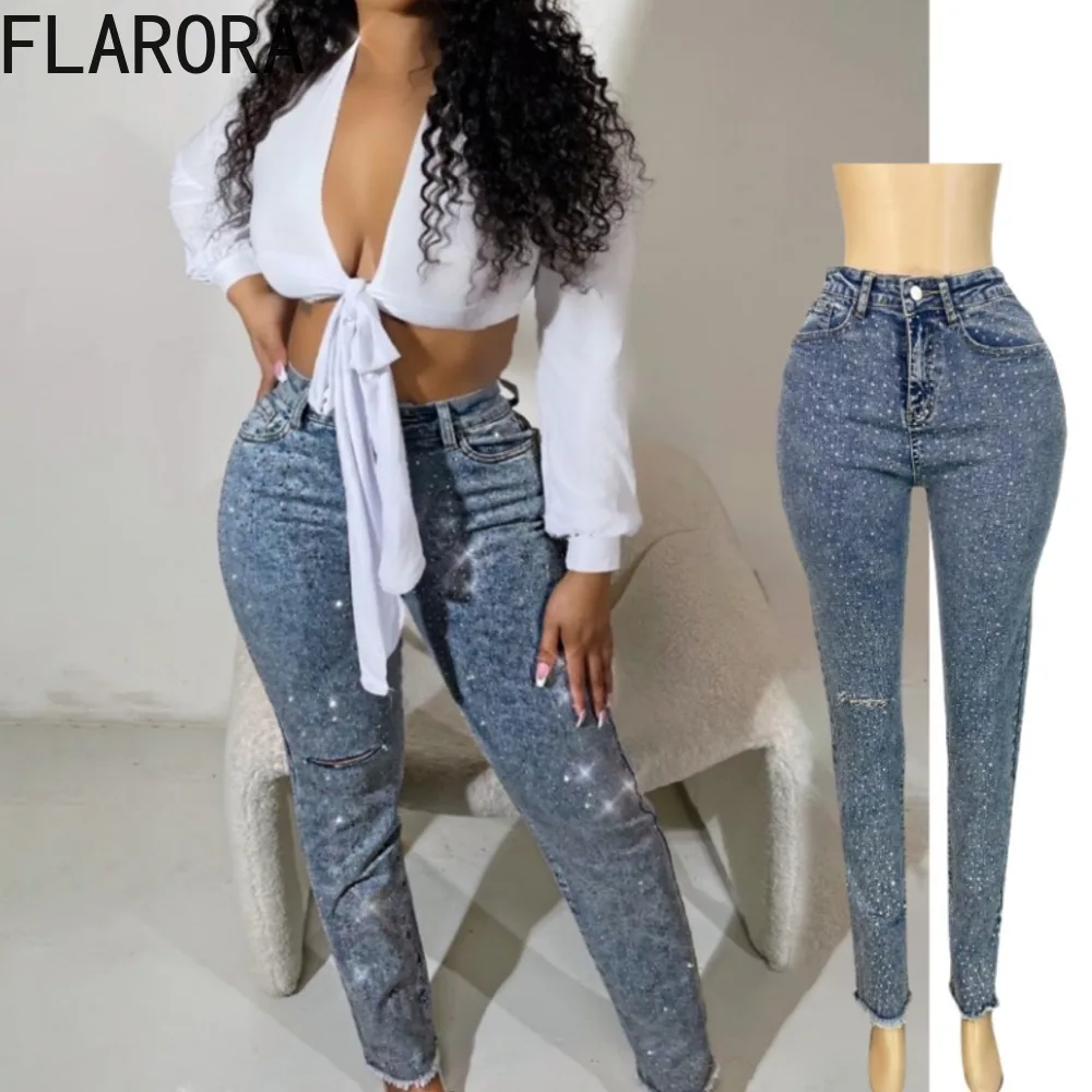 FLARORA ヴィンテージダイヤモンドデニムペンシルパンツ レディース ハイウエスト ホールポケット スキニー ジーンズ 2025 新作 Y2K ストリート 女性用 カウボーイパンツ