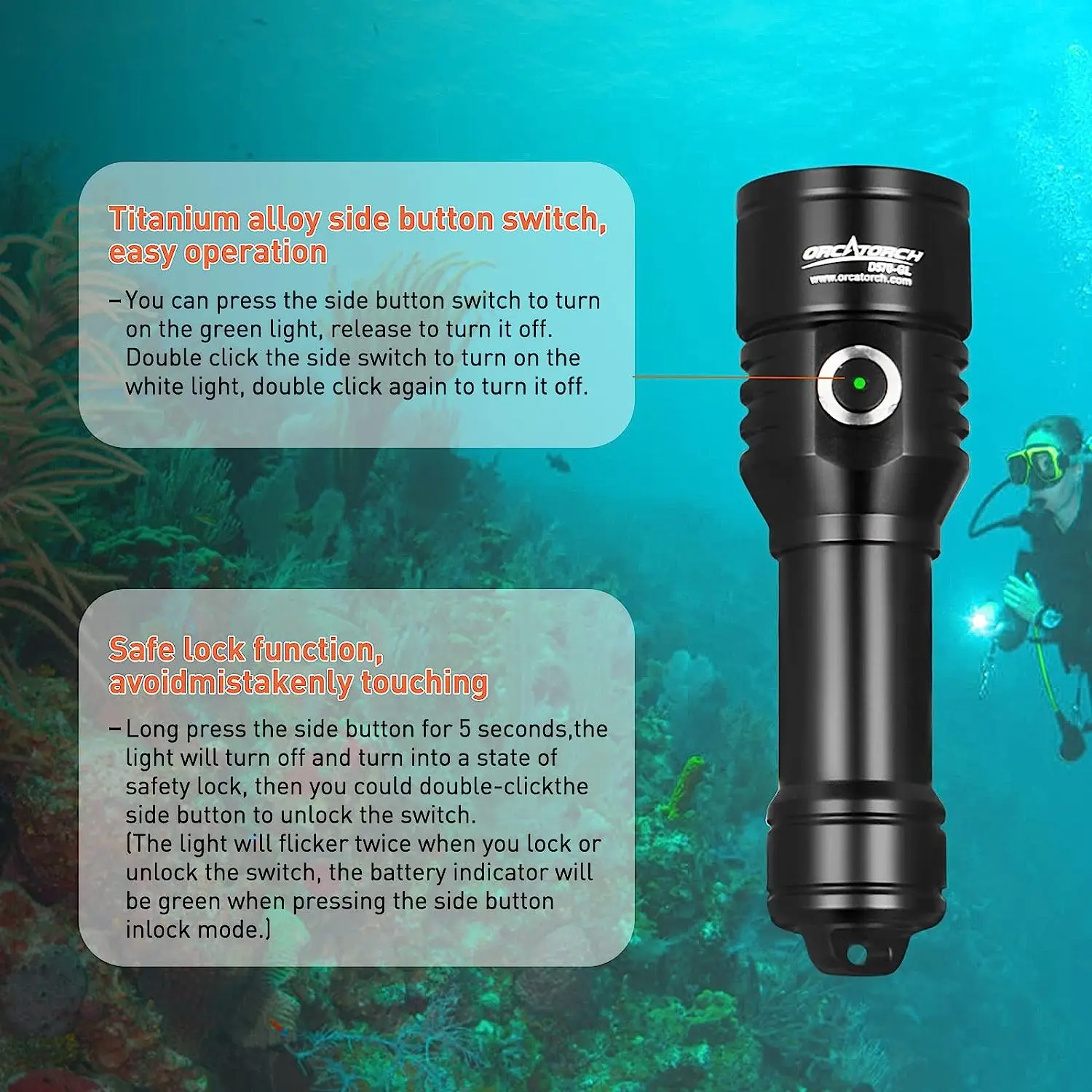 ORCATORCH D570-GL High Power Scuba Diving Flashlight Underwater Lantern Green Laser LED Lamp IPX8 Waterproof Diving Torch Light