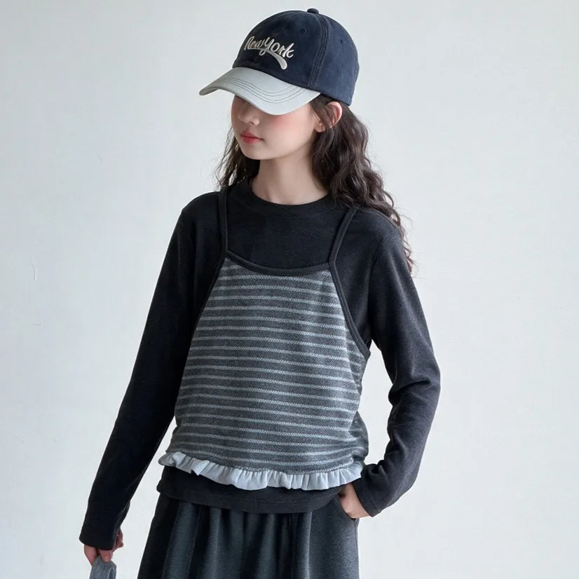 Girls Long Sleeve Fake Two Piece T-shirt Autumn Striped Ruffle Hem Children Tops 2026