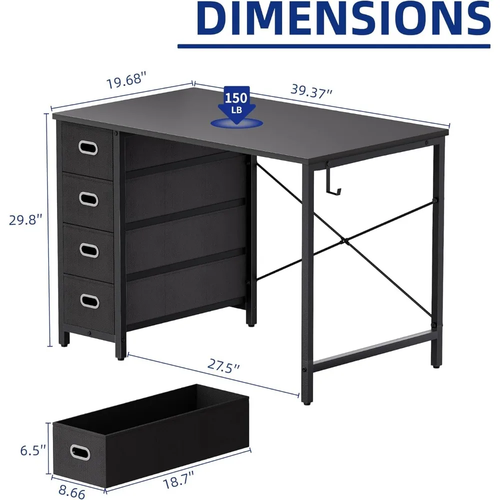 40 Inch Modern Computer Desk with 4 Drawers - Small Home Office Desk for Bedroom Study Writing in Pink