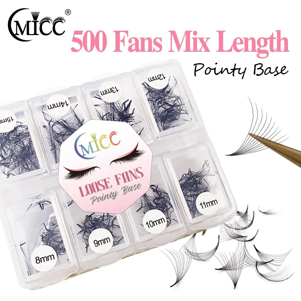 CMICC 500 Fächerwimpern, lose Wimpern, gemischte Längen, vorgefertigte russische Volumen-Wimpern, lose Fächerwimpern, schlanke, mittlere Basis, scharfer, spitzer Stiel, Wimpernverlängerungen