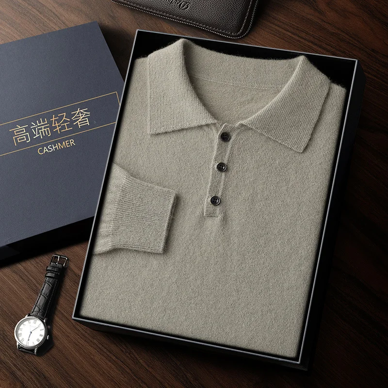 Autumn/Winter Men's 100% Cashmere Pullover Business Casual Solid Knitted Sweater Loose POLO Collar Tops Basic Thick Warm Jumper