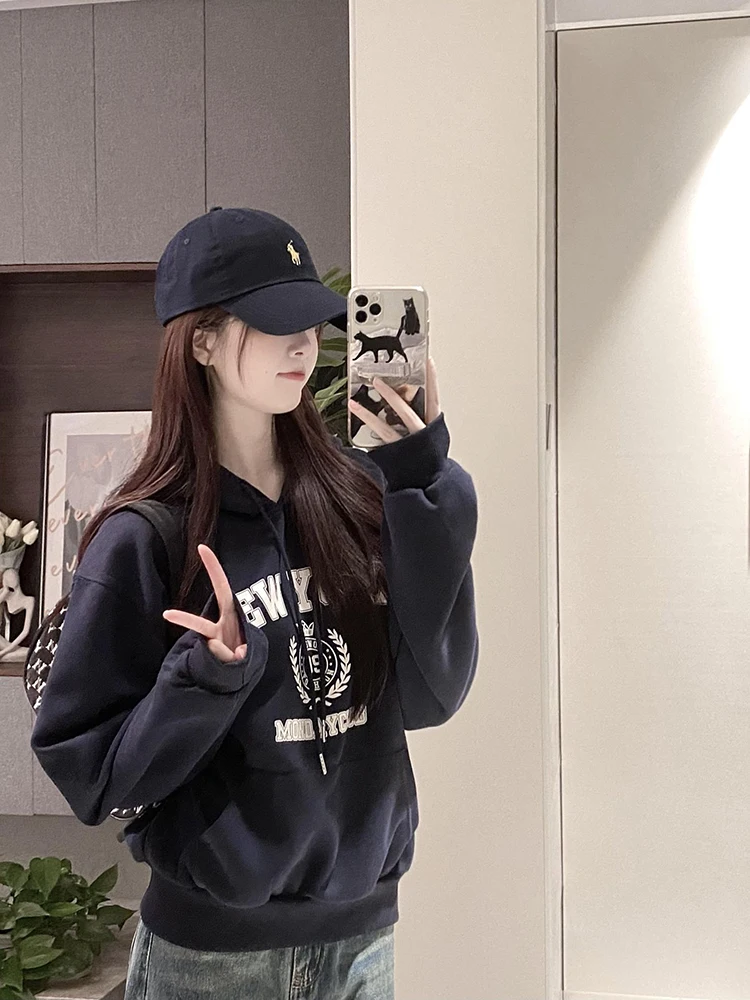 

American Retro Loose Fit Hoodie Women's Korean Design Sensation Small Size Long Sleeve Print Top Autumn Season Casual Wear