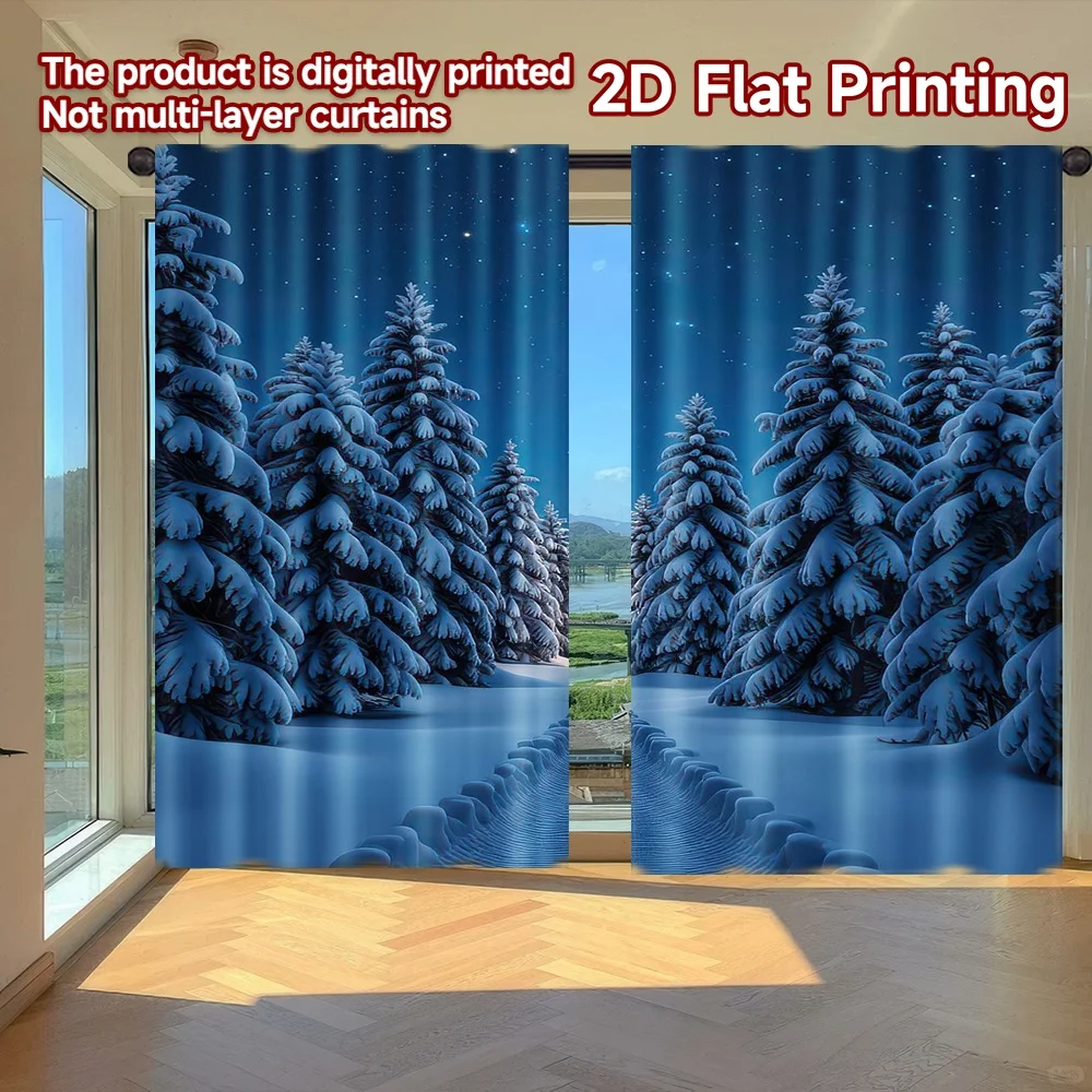 

2D flat printing 2pcs Scene Curtain Winter Moonlit Snowy Path Digital Printed Polyester Drapes Festive Holiday Use for Festive