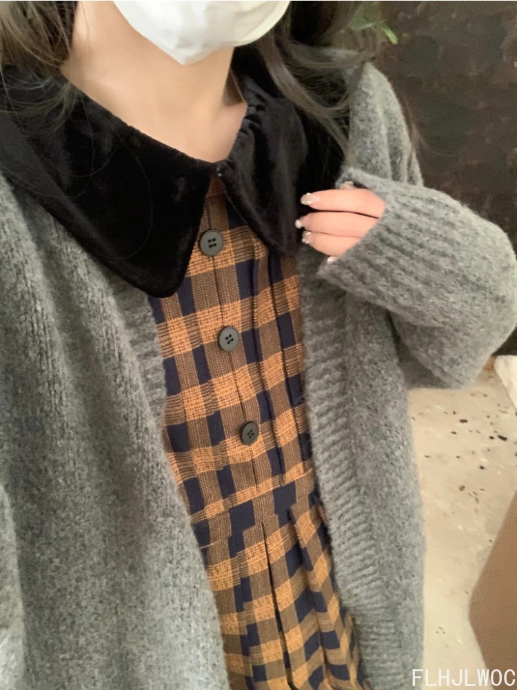 Vestido camisero a cuadros con botones para mujer, ropa básica gruesa, estilo coreano y japonés, Retro, Vintage, lindo, para Fecha de Año Nuevo, Otoño e Invierno