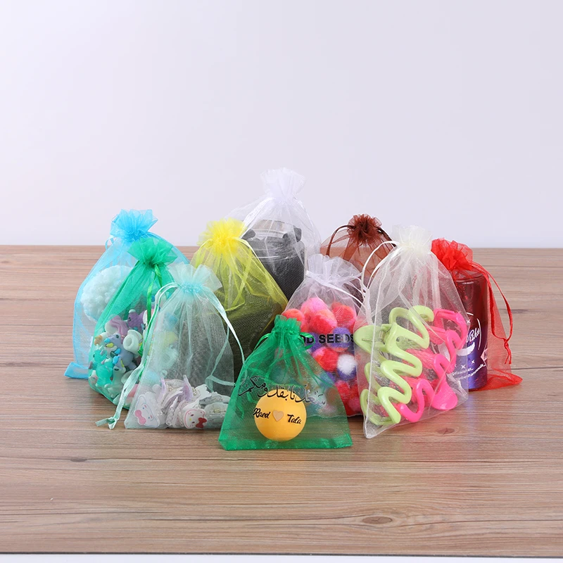 100pcs/lot Solid Color Drawstring Organza Bags 7x9 9x12 10x12 10x15cm for Christmas Wedding Gifts Candy Jewelry Pouches