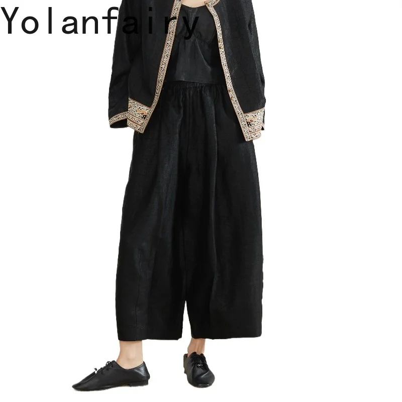 YOLANFAIRY New Luxury 100% Real Mulberry Silk Pants Woman Elastic Waist Loose Gambiered Trousers Straight Wide Leg Pants Bottoms