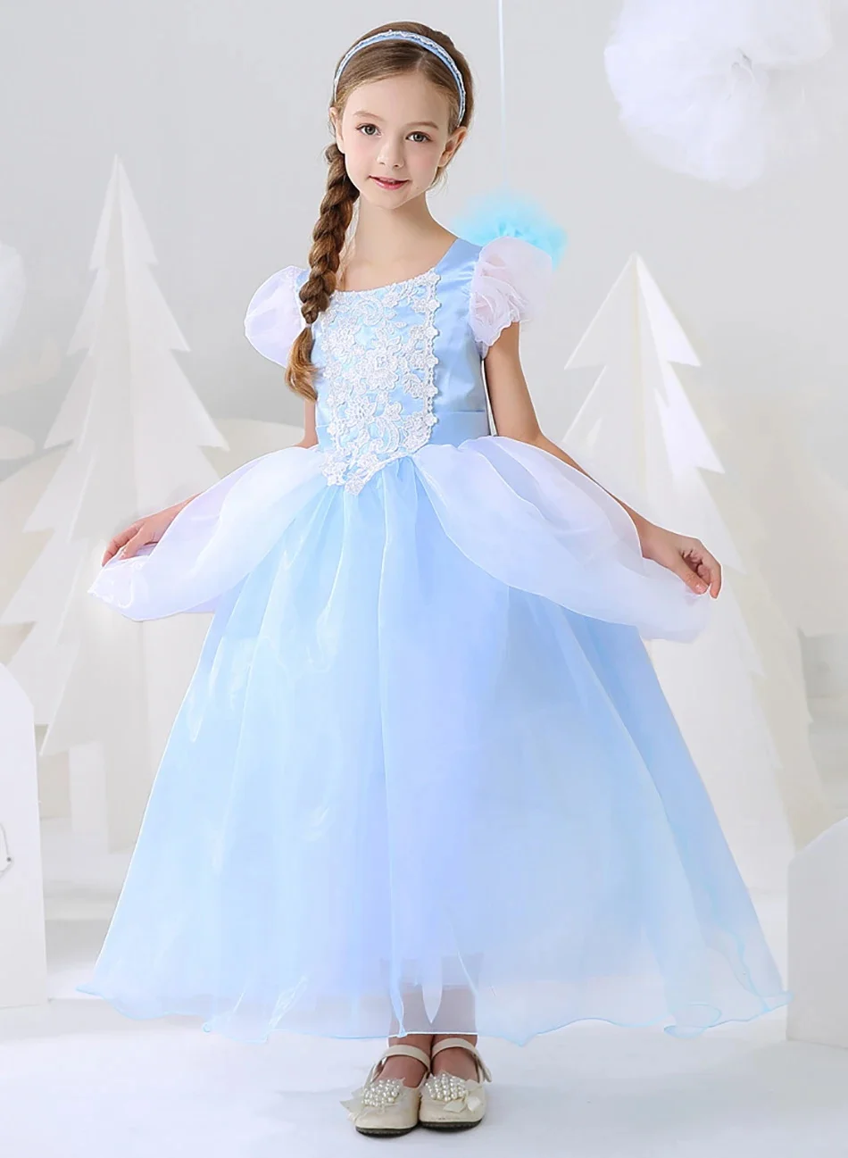 Little Girls Cinderella Princess Dress Up Clothes Appliques Tulle Long Ball Gown+Accessories Carnival Birthday Halloween Costume