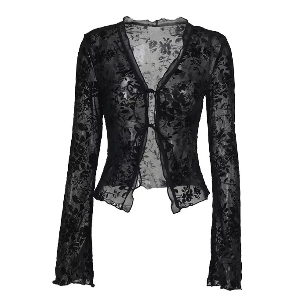 

Fashion See Through Lace Long Sleeve T-shirt Slim Fit Base Layer Floral Print Mesh Top Flare Sleeve Chiffon Ruffle Shirt