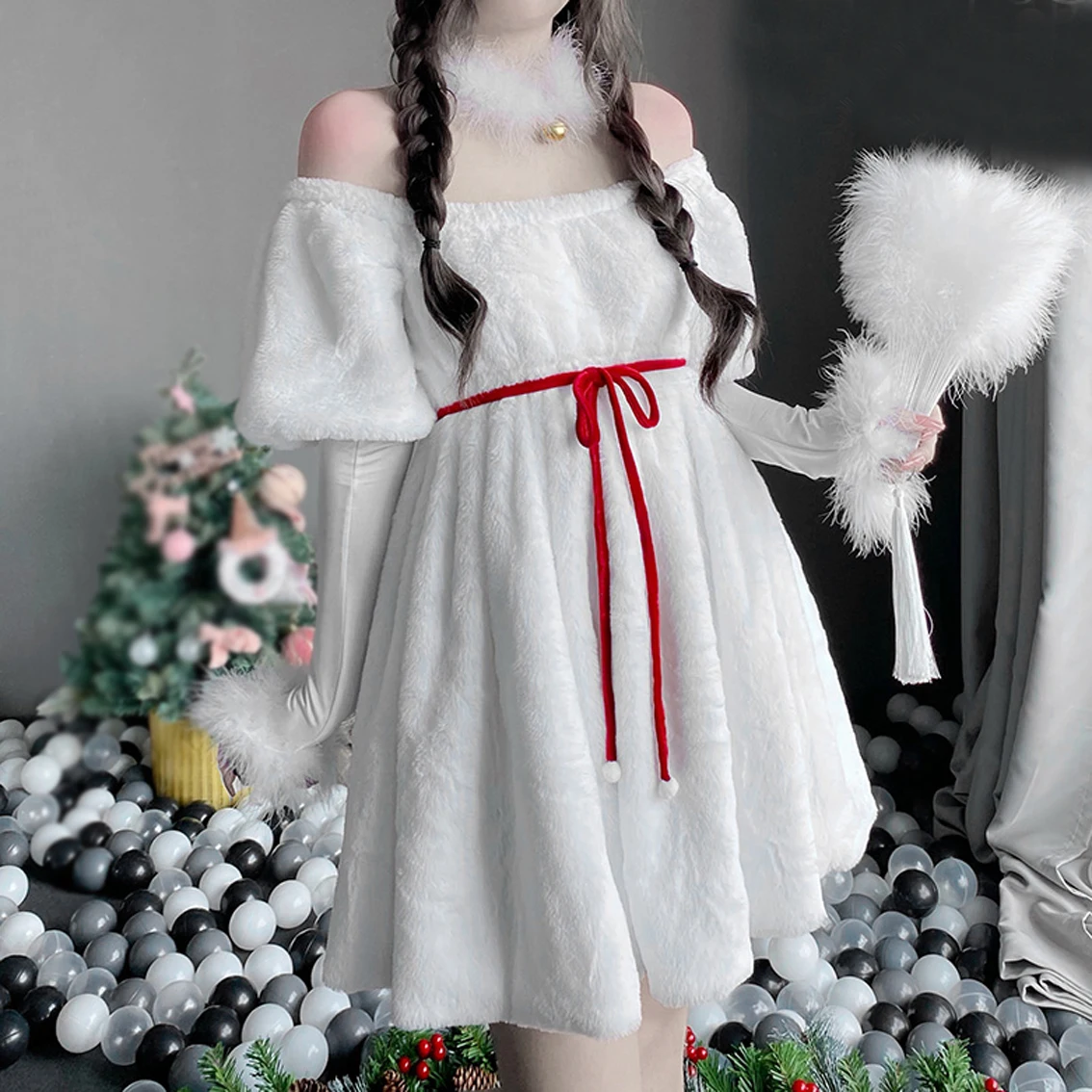 2022 Women Christmas Xmas Lady Santa Claus Halloween Cosplay Exotic Costume Off-Shoulder White Winter Long Sleeve Dress