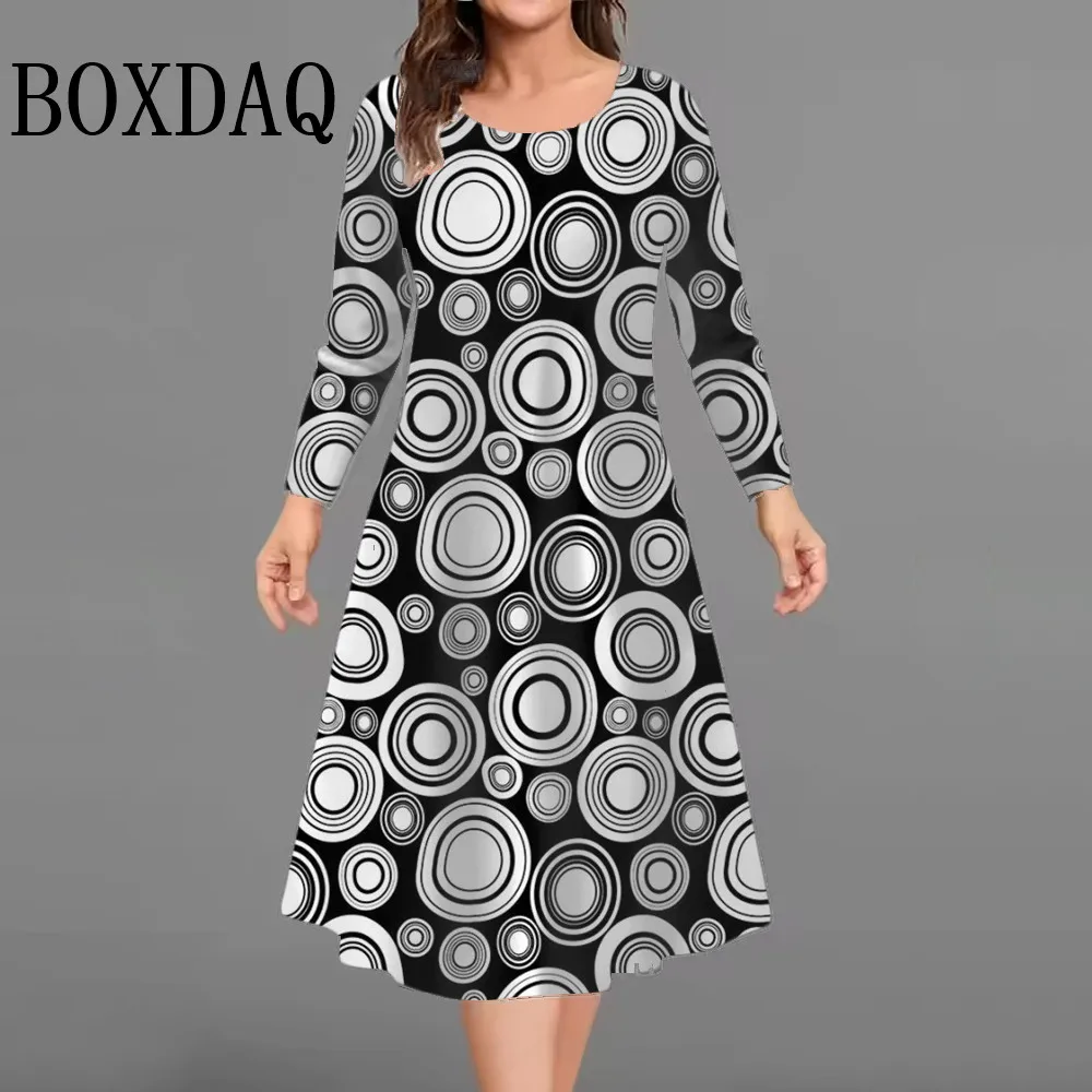 فساتين مطبوعة ثلاثية الأبعاد على شكل دائرة ملونة للنساء 2025 موضة حجم كبير فستان على شكل حرف a للخريف ملابس فضفاضة غير رسمية بأكمام طويلة 9XL