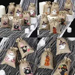 Halloween Burlap Gift Bags with Drawstring, Trick or Treat Candy Bags for Kids Halloween Party Favor Halloween Linen Jute Bags