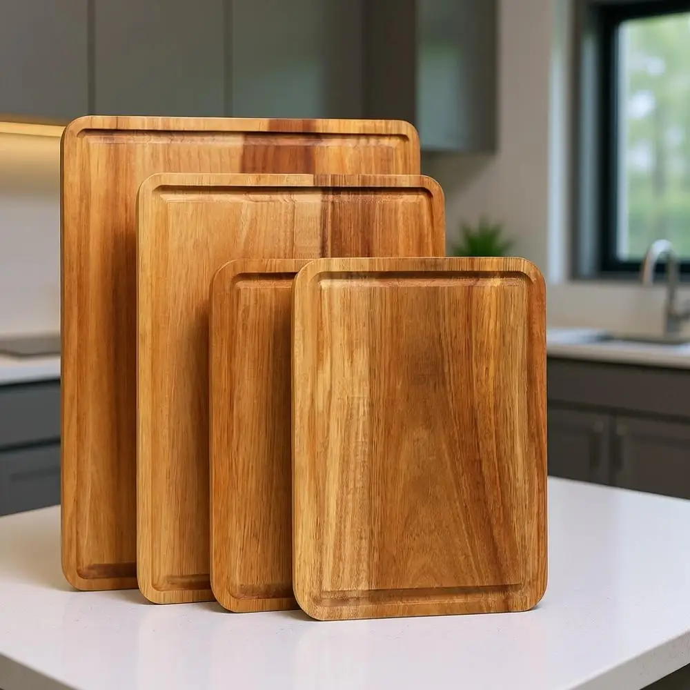 

Set of 4 Acacia Wood Cutting Boards with Non-Slip Mats, Juice Grooves, and Handles (16x12, 14x10, 11x8)