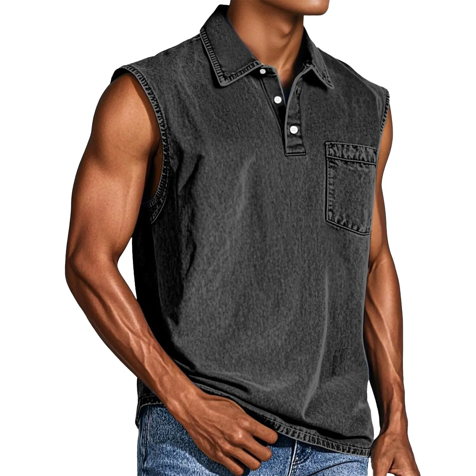 Pullover Sleeveless T Shirt Western Style with Patchwork Topstitching Detail Summer Not Hooded Lapel Collar Daily for Men