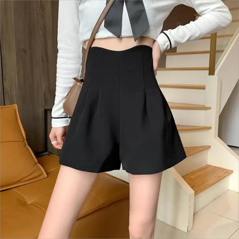 Pantalones cortos con pliegues sólidos para mujer, informales, elegantes, holgados, de cintura alta, para oficina, 2023