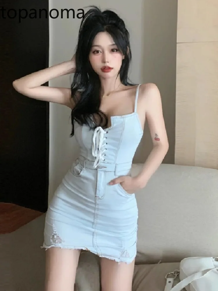 Topanoma Sweet Sexy Mini Dresses Women Denim Bandage Hole Sleeveless Irregular Slim Cocktail Elegant Evening Dress ClubLadies