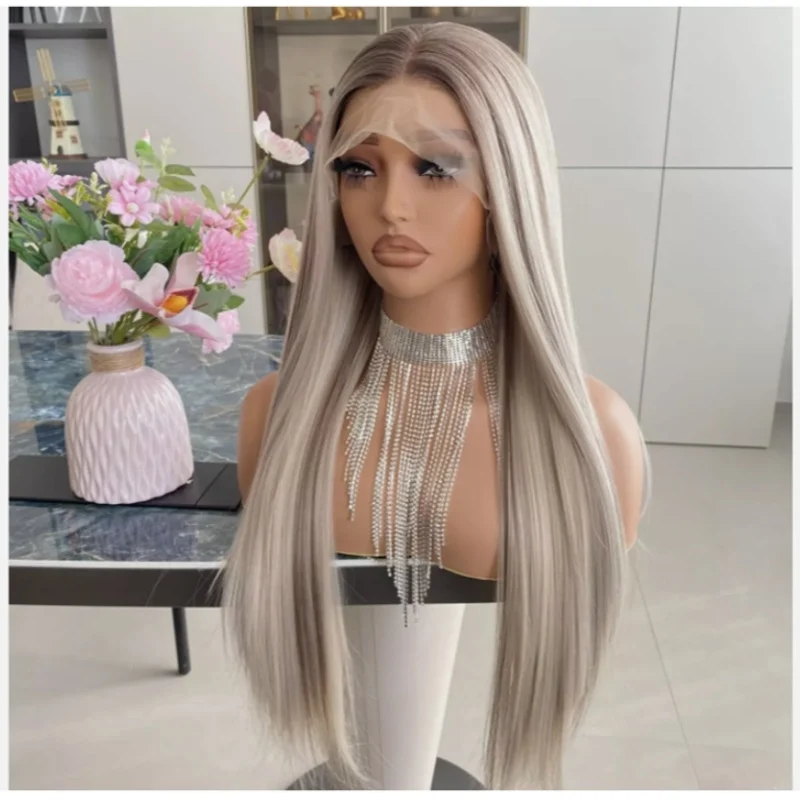ロングストレートブロンド合成レースフロントウィッグ女性のための高品質ミックスカラーウィッグミドルパートデイリーパーティー使用ウィッグ