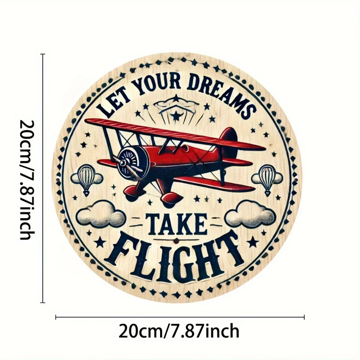 Vintage Round Let Your Dreams Take Flight Biplane Metal Tin Sign 2D Flat Retro Airplane Wall Plaque Home Wall Decor Sign