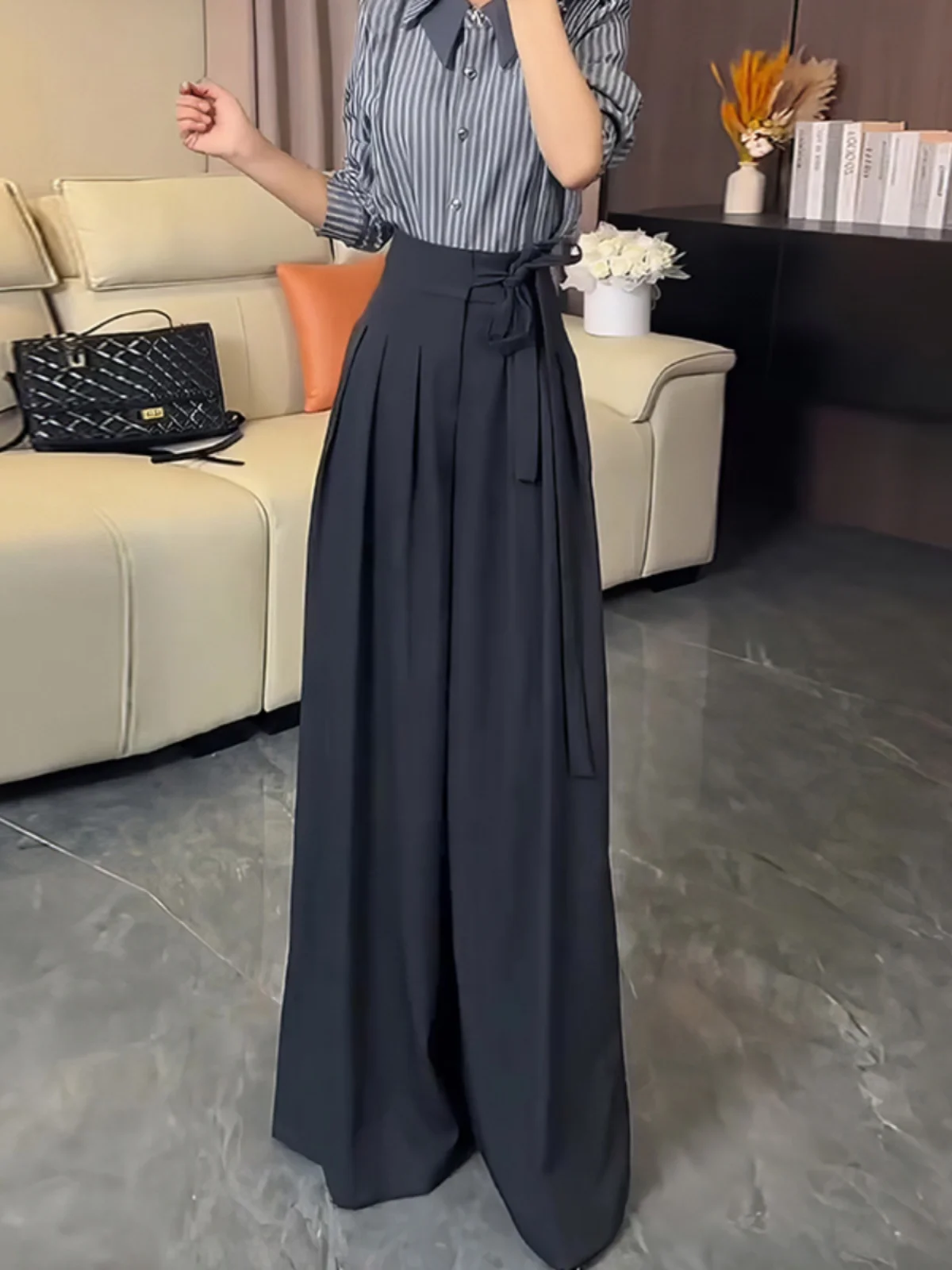 Korean Royal Sister Style Gray Suit Pants Women's 2025 New High Waist Drape Strap Design Wide Leg Trousers XJ119