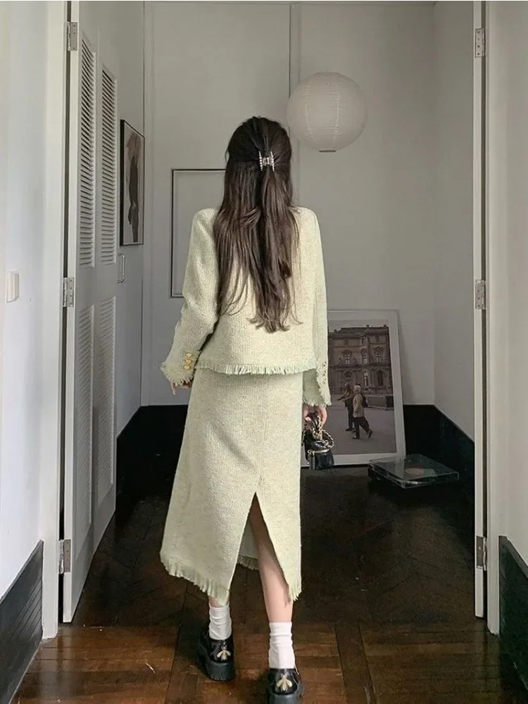 Insozkdg Women Suit Fashionable Little Fragrant Style Long-sleeved Single Breasted Blazer + High-waist A-line Skirt 2-piece Suit