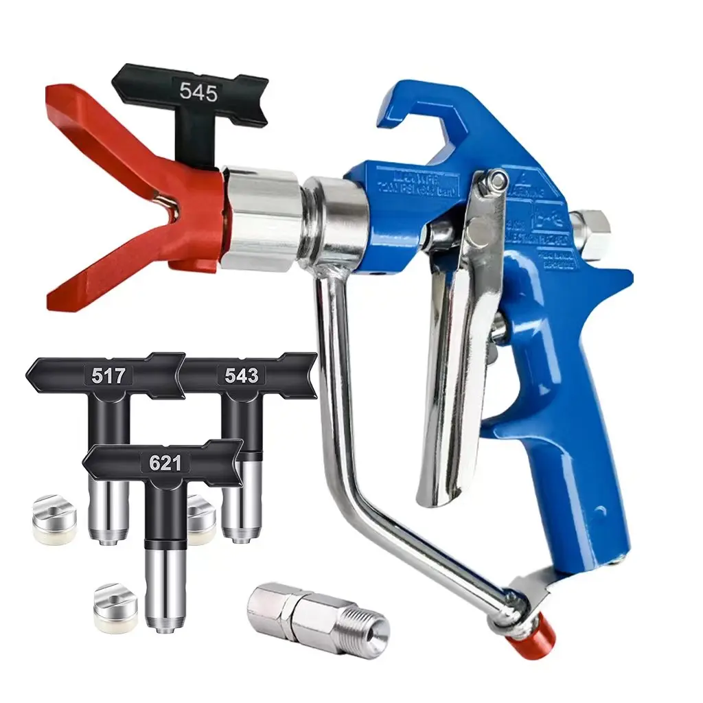 1 Set 5000 PSI Silver Airless Paint Spray Gun with Tip Guard, 1/4 F to 3/8 M connector and 517 ,543,545,621 Spray Tip