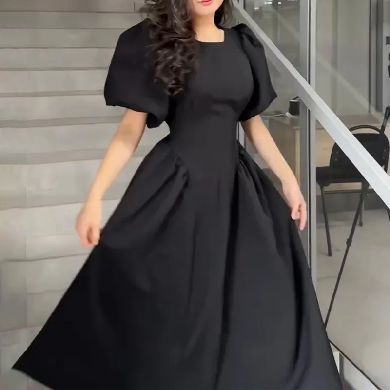 Frauen Kleider O Hals Hohe Taille Kleid Knöchel Länge Solide Vestidos Puff Sleeve Lose Fit Casual 2025, Herbst Leichte Strech