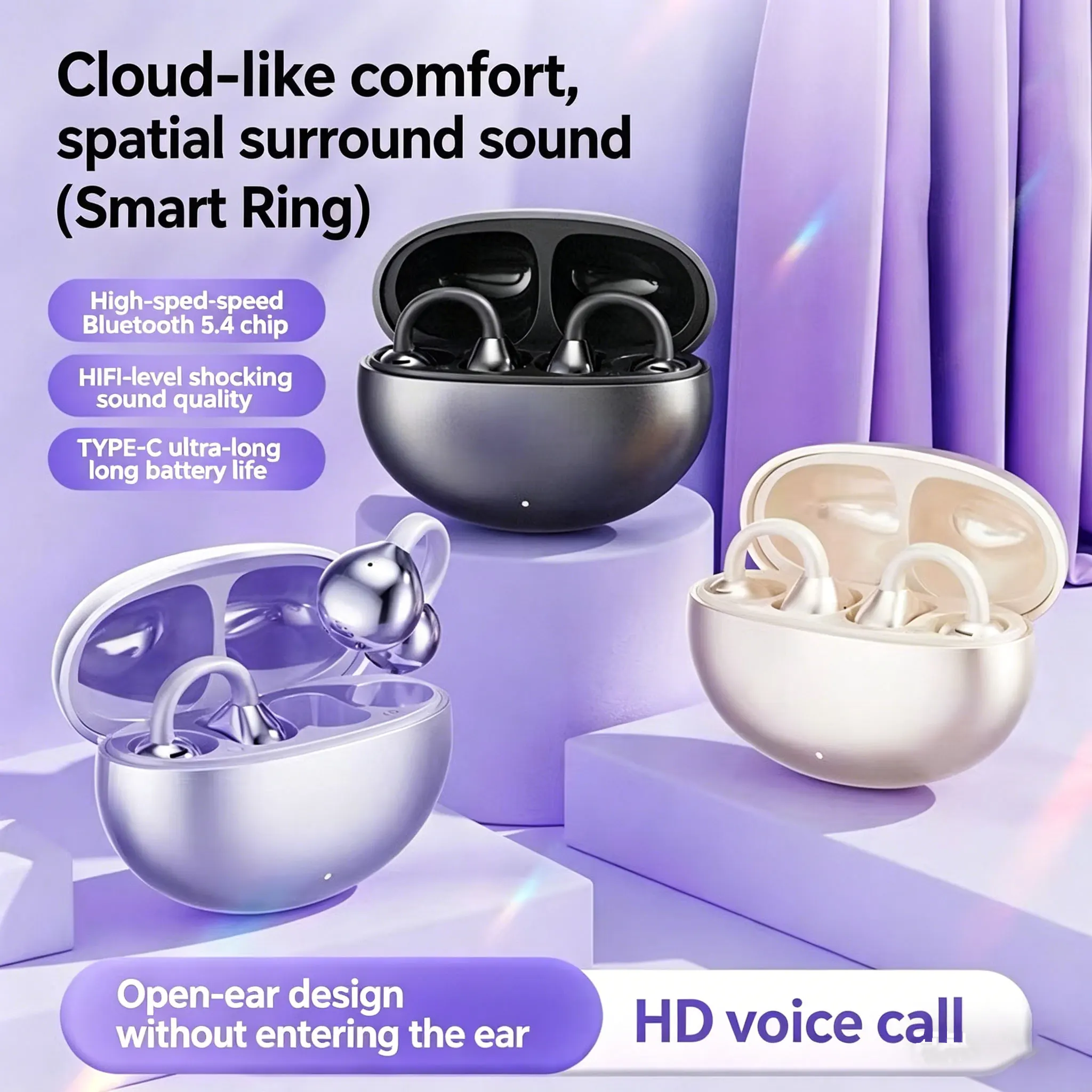 

Ear Clip Earphones Wireless Bluetooth 5.4 OWS Noise Sports Earbuds HIFI Stereo Cancelling Secure Fit Open Ear