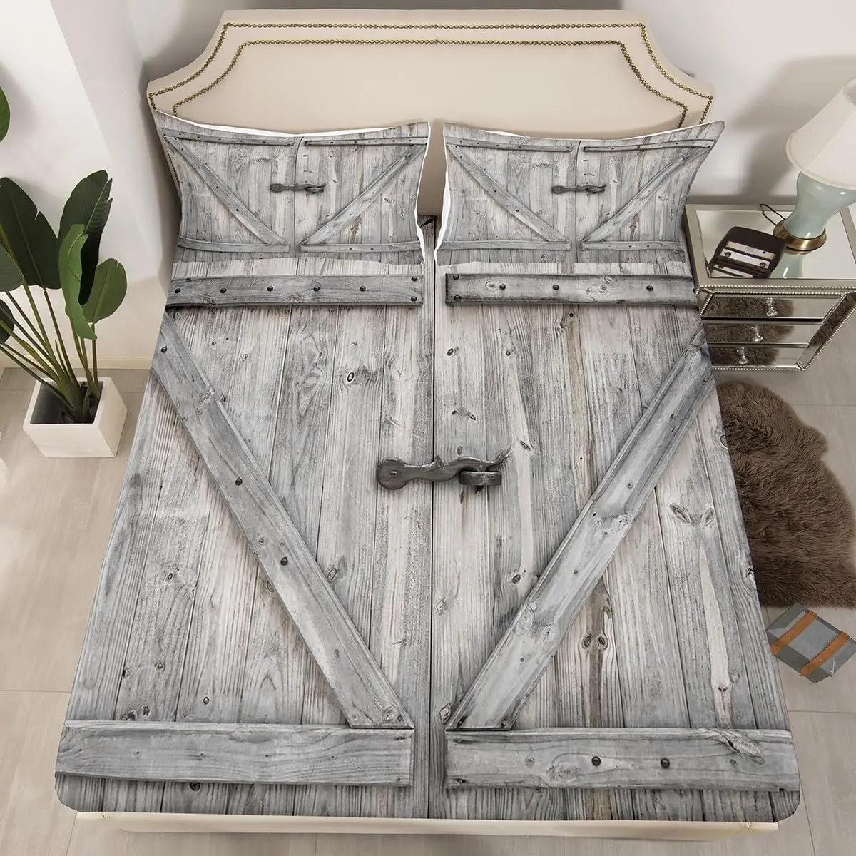 Rustic Barn Door Bed Sheet Set Full King Size Vintage Wood Grain Texture Art Print Fitted Sheet Farm Farmhouse Decor Bedding Set