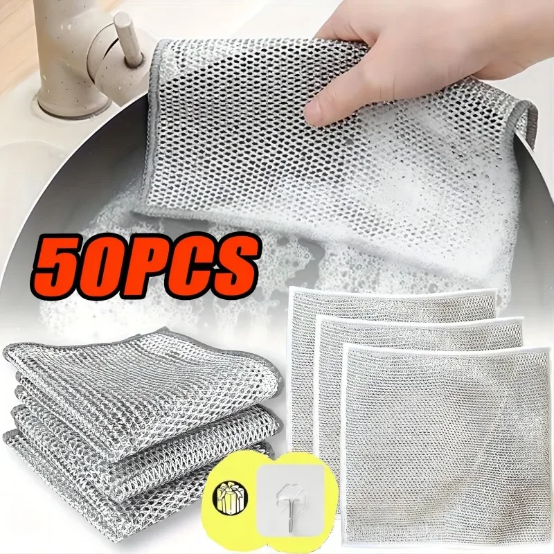 

Double Sided Iron Scrubber Stick Scraper Magic Cleaning Cloth Dish Washing Towel Metallic Silver Steel Wire Rags Wipes 1-20pcs