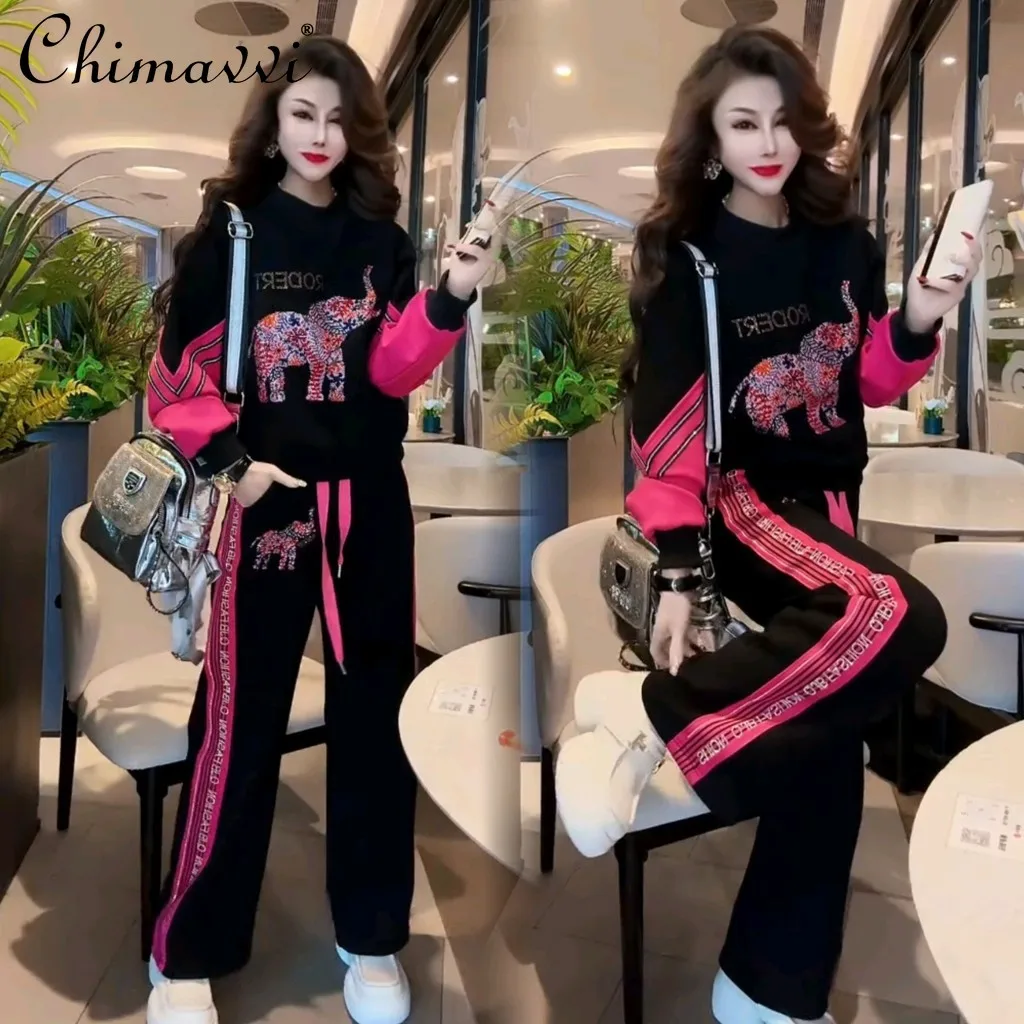 

Autumn New Fashion Round Neck Pullover Sweatshirts Letter Rhinestone Top Wide Leg Pants Casual Two-Piece Women's Pant Sets